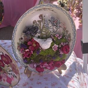 Floral Ceramic Plate Wall Art with White Bird Accent - Pink & Green